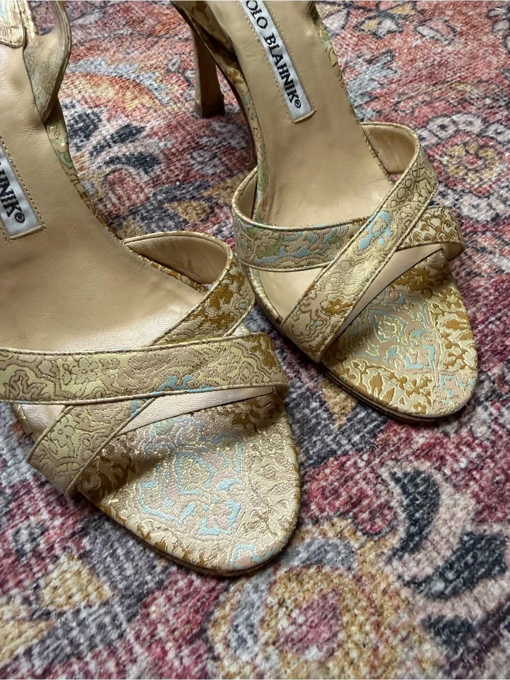 Vintage Manolo Blahnik Gold Floral Slingback Heeled Sandals